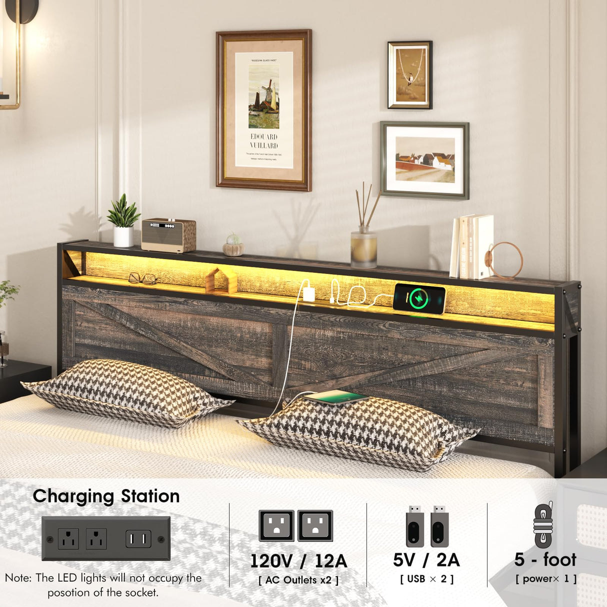 Bed Frame King Size with Charging Station, Platform Metal Bed with Headboard & Led Light, Farmhouse Storage Bed for Bedroom, No Box Spring Needed Halitaa