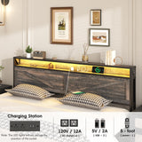 Bed Frame King Size with Charging Station, Platform Metal Bed with Headboard & Led Light, Farmhouse Storage Bed for Bedroom, No Box Spring Needed Halitaa