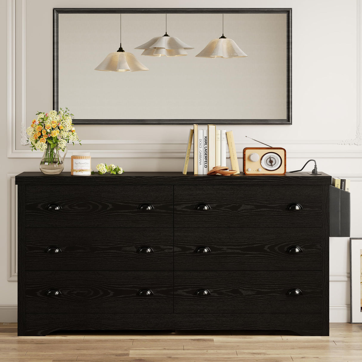 LIKIMIO Dresser for Bedroom 6 Drawer with Charging Station, TV Stand Storage Chest of Drawers for Living Room Hallway Entryway, MDF Board, 59 Inches Black LIKIMIO