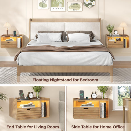 Maupvit Wood Floating Nightstand Set of 2, Wall Mounted Night Stand with Drawer and Charging Station, Bedside Table with Open Shelf, Led Nightstand for Bedroom Maupvit