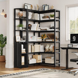 Keyluv Black Corner Bookshelf 72" Tall Corner Book Shelves Cases 2 Pieces Open Bookcase Large Storage Display Shelf Standing 6 Tier Shelving Unit with Cabinet for Home office Living Room, Wood & Metal Keyluv
