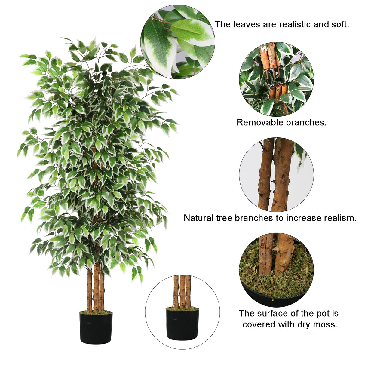 GTIDEA 6ft Artificial Tree Ficus, Tall Faux Trees Indoor with Natural Trunk and Fake Silk Tree Fake Plants for Home Spring Decor Living Room Outdoor Balcony House Office (Included Dried Moss) GTIDEA