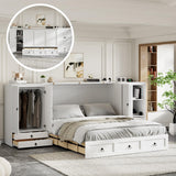 Queen Size Murphy Wall Bed, Solid Pine, USB Charging Station, Bookshelves, Storage Wardrobes - White Harper & Bright Designs