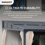 Sunjoy 12 x 14 ft Wall Mounted Gazebo with Powder Coated Steel Roof, Black Aluminum & Metal Frame Lean to Gazebo with Curtains and Netting Sunjoy