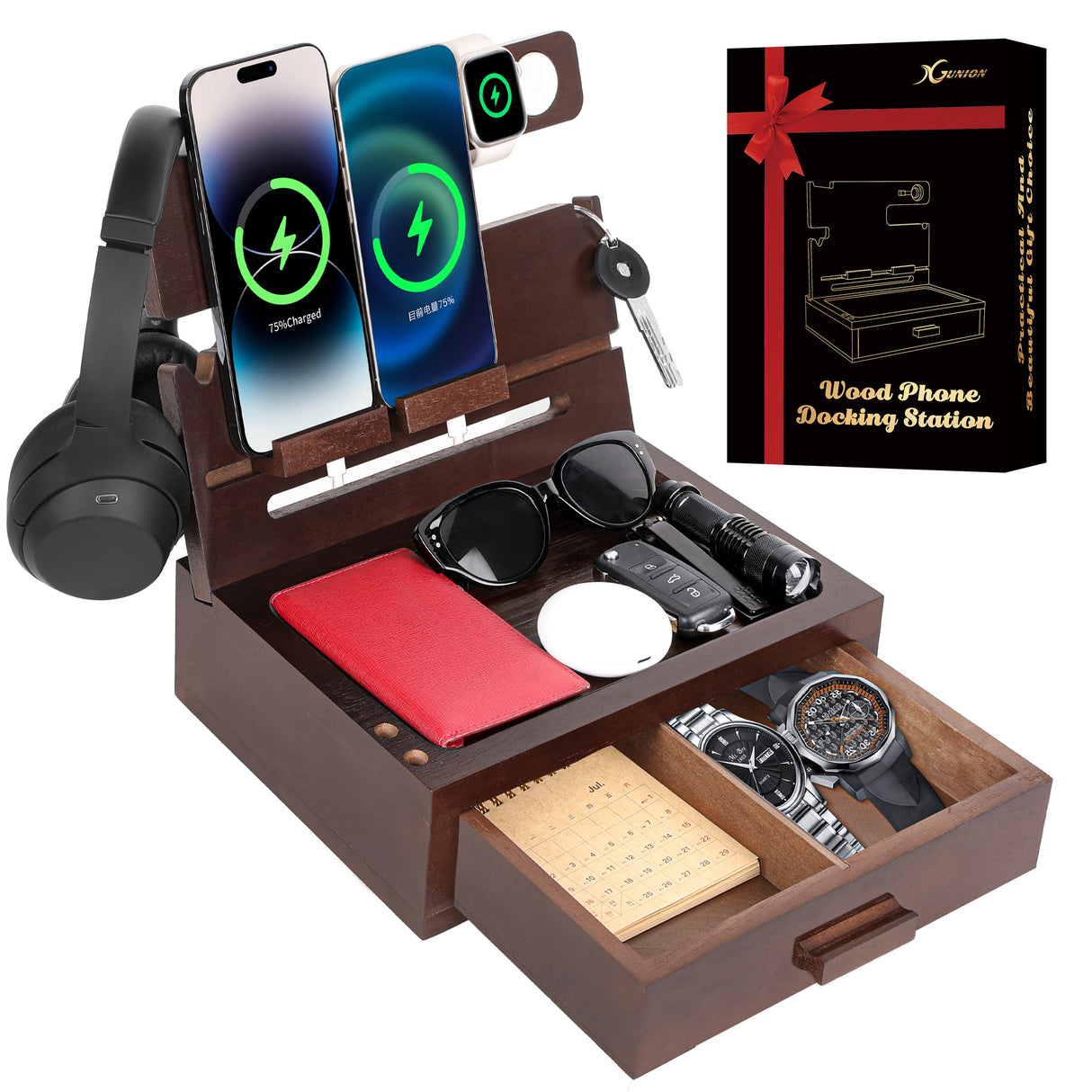 Gifts for Men Dad Women from Daughter Son Wife Wood Phone Docking Station with Drawer Nightstand Organizer for Men Dad Birthday Gifts for Him from Wife for Men Xgunion