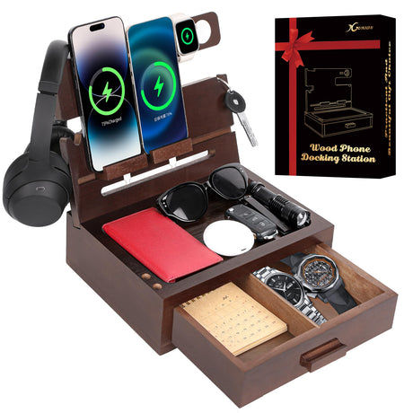 Gifts for Men Dad Women from Daughter Son Wife Wood Phone Docking Station with Drawer Nightstand Organizer for Men Dad Birthday Gifts for Him from Wife for Men Xgunion