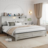 PAUKIN King Size Bed Frame with Headboard, Rustic Farmhouse Wood Bed Frame with LED Lights and Charging Station, Easy Assembly, No Box Spring Needed (White, King) PAUKIN