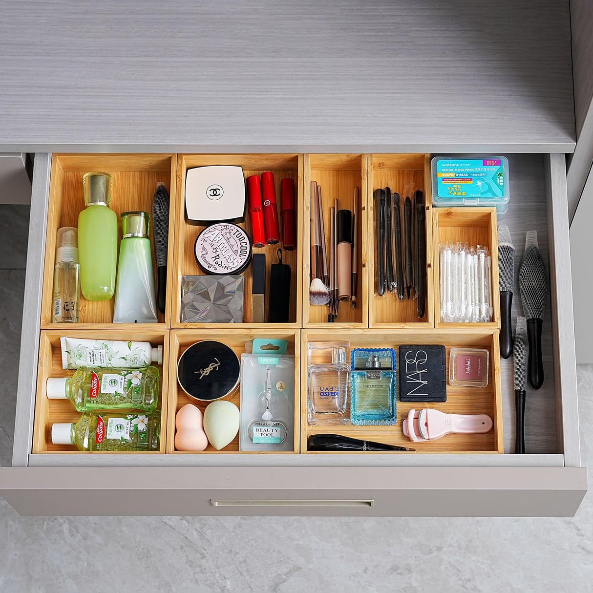 Fabsome Drawer Organizer, Set of 9 Bamboo Wood Kitchen Makeup Desk Junk Tea Drawer Storage Boxes Bins for Cutlery Silverware Utensils Flatware, Small Wooden Container Tray for Bathroom, Office Fabsome