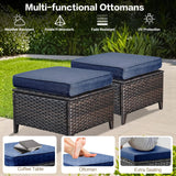 XTWEEX 7 Pieces Outdoor Patio Furniture Conversation Set Rattan Wicker with Fire Pit Table, 3 Seat Sofa, 2 Swivel Rocker Chairs, 2 Ottomans and 1 Side Table for Yard Backyard BNB (Brown/Navy Blue) XTWEEX