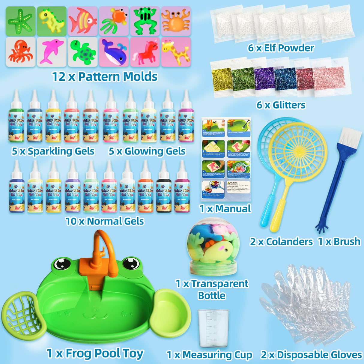 Glow in The Dark Water Craft Toy DIY Elf Kit for Boys Girls - 20 Color Gel & 12 Molds DIY Water Pets, Magic Craft Kit in Water Creative Handmade Water Art Set for Kids Age 3 4-8 8-12 Maiwaput