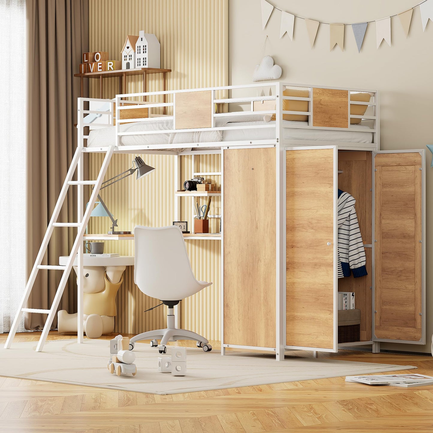 Twin Loft Bed with Desk and Storage Shelf, Twin Size Loft Bed with Wardrobe and L-Shaped Desk, Heavy Duty Loft Bed with Ladder and Guardrail(Twin Loft Bed White)