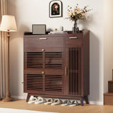 IRONCK Shoe Cabinet, Mid Century Shoe Storage with 2 Flip Drawers & Grille Doors Design, Shoe Rack Cabinet with Hooks and Side Cabinet, Shoe Organizer for Entryway, Natural Red Walnut IRONCK