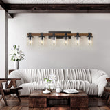 DUJAHMLAND 6-Light Wood Vanity Light,40.5 inch Farmhouse Bathroom Metal Wall Sconce with Cylinder Clear Glass Shade,Industrial Wall Light Fixtures for Hallway,Kitchen,Bedroom(Wood, 6-Light) DUJAHMLAND