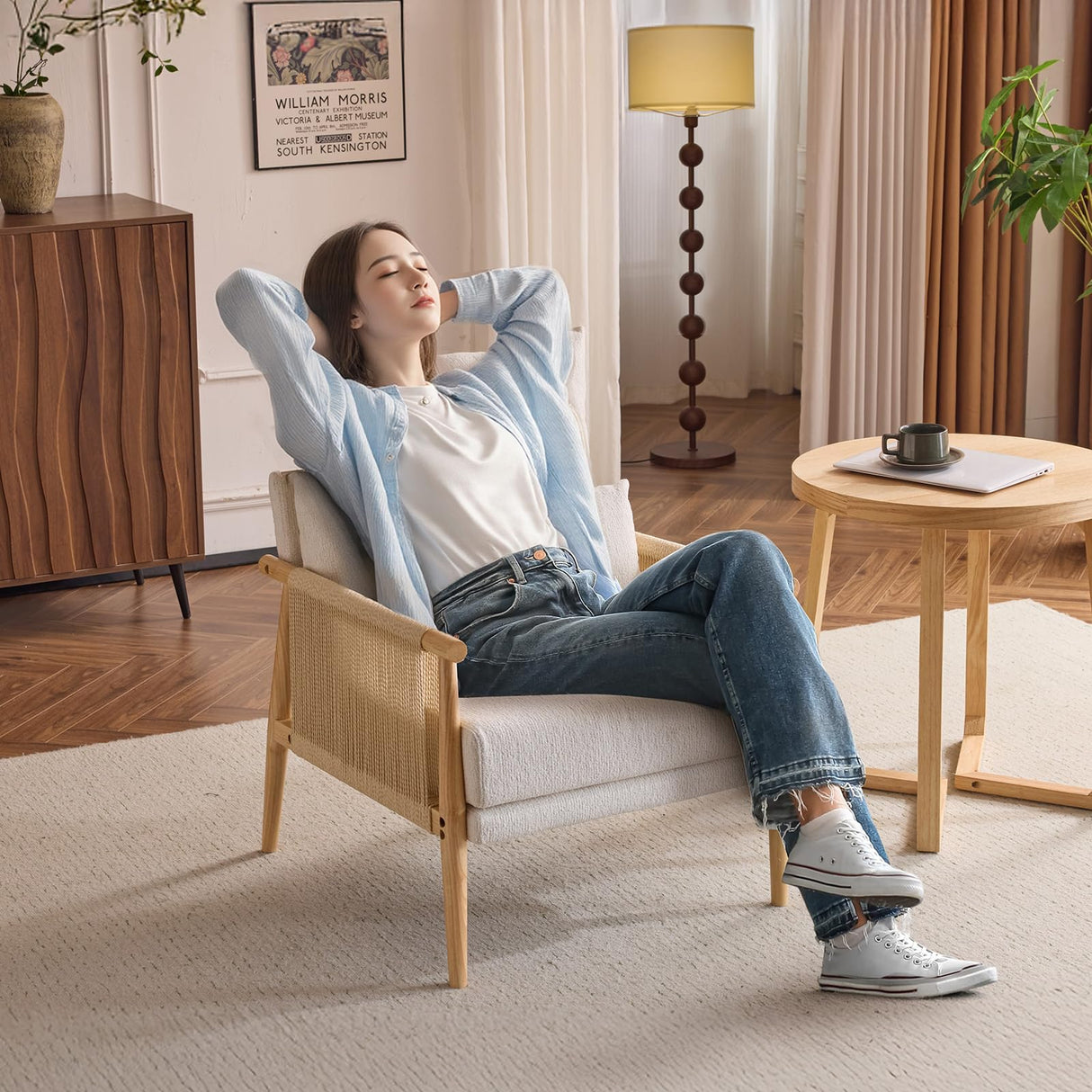 VINGLI Braid Accent Chairs Set of 2,Mid-Century Modern Armchiars with Solid Wooden Armrest,Comfy Louge Chairs with Waist Pillow for Bedroom,Living Room,Reading Room, Beige VINGLI