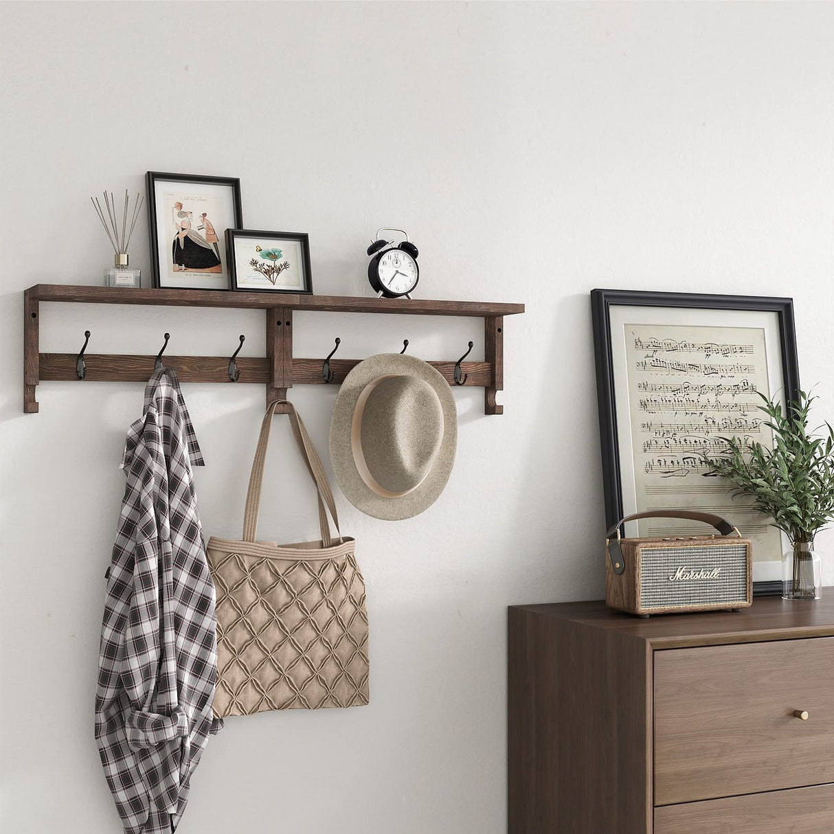 VERTORGAN Coat Hooks, Wood Rack Wall-Mounted, 31.5 Inch Entryway Shelf with 10 Hooks (Brown) VERTORGAN
