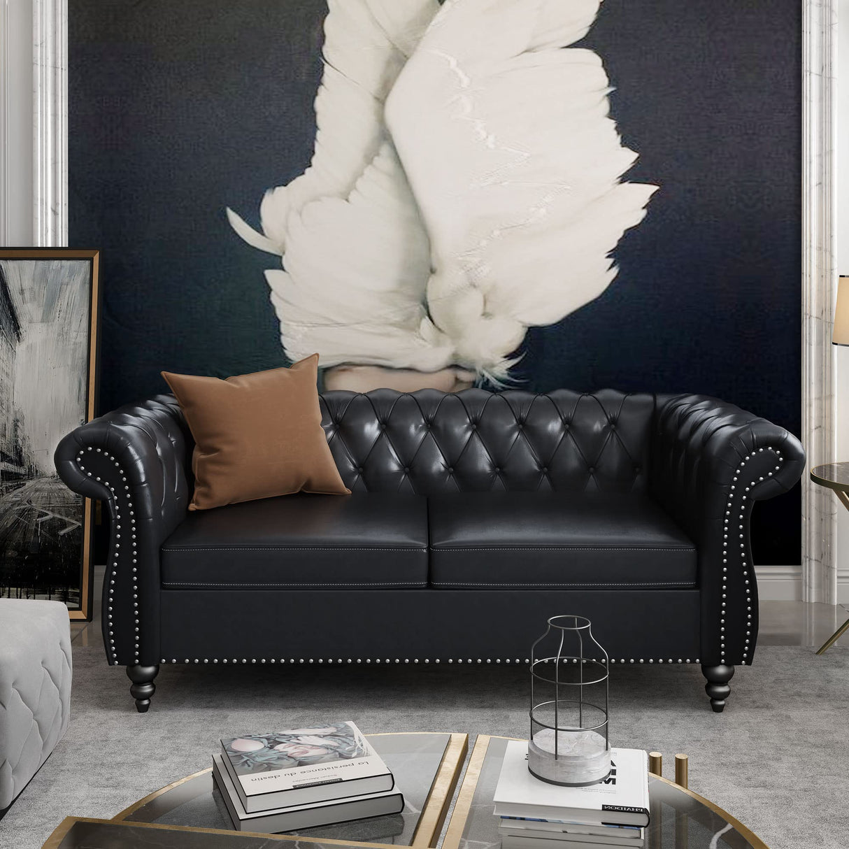 Chesterfield Loveseat, Modern Leather Sofa Tufted Couch 2 Seater with Rolled Arms and Nailhead for Living Room, Bedroom, Office, Apartment (Black) ORRD