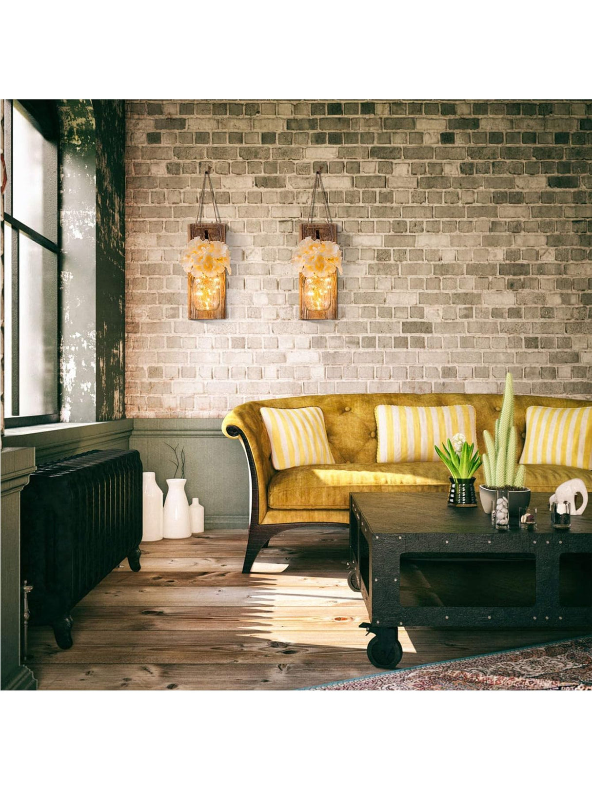 Mason Jar Wall Decor -Rustic with Hydrangea Flowers - Rustic Farmhouse Wall Sconces, 2 Pack, Easy Installation (Khaki Planks) Muasdae