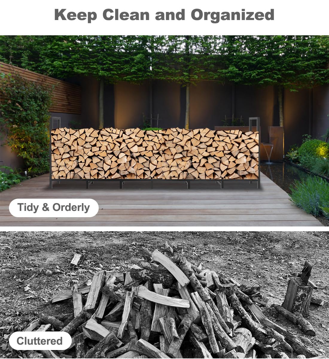 BALIE SPACE 8ft Outdoor Firewood Rack Holder with 14 Support Legs for Indoor Fire Wood Pile Storage, Adjustable Heavy Duty Fire Log Stacker Stand Organizer for Fireplace, Black BALIE SPACE