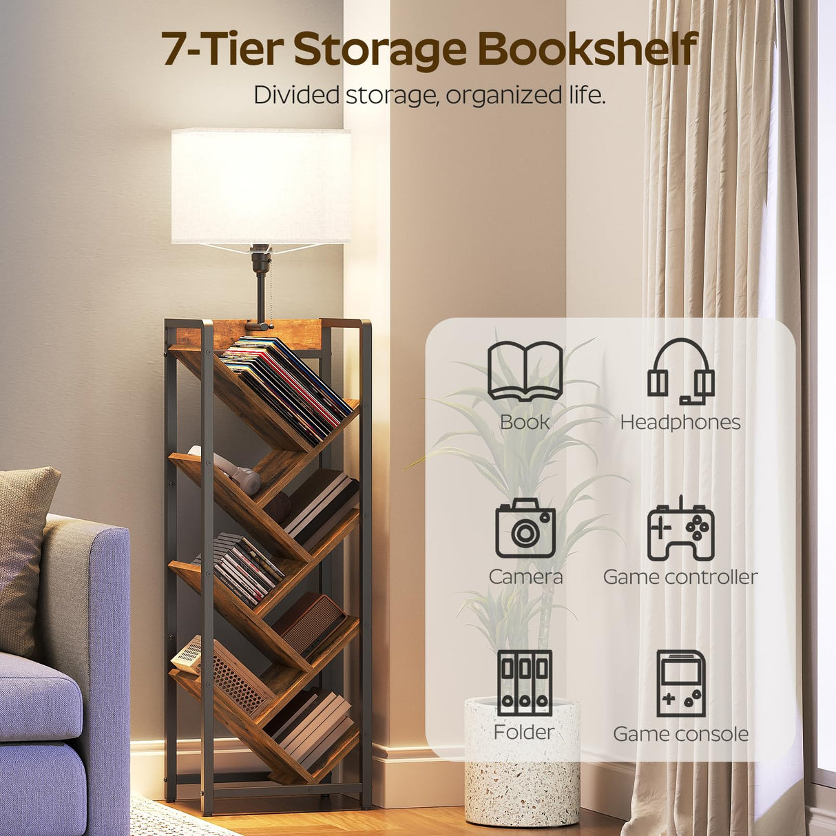 YATINEY Tree Bookshelf with Light, 6 Tier Book Shelf, Wooden Bookcase for Narrow Space, Floor Standing Tall Bookshelf, Industrial Corner Display Shelf, Rustic Brown SJ08DBR YATINEY