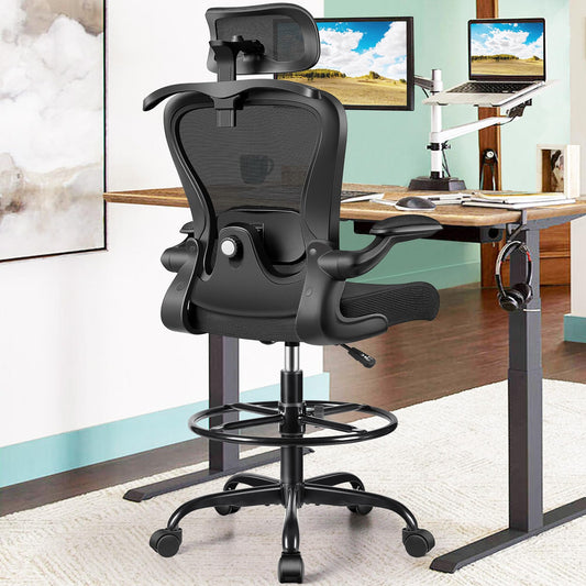 AtHope Drafting Chair, Tall Office Chair with 3D Lumbar & Head Support, Ergonomic Mesh Standing Desk Chair with Footring, Comfy Extended High Desk Chair with Flip-Up Arms & Hanger (Black)