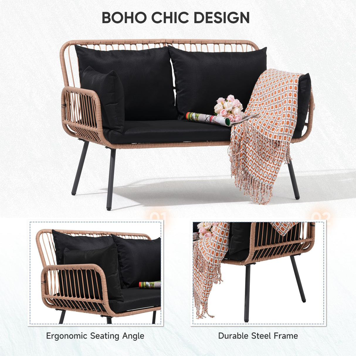 Verano Garden Patio Loveseat, Outdoor Balcony Furniture, Wicker Patio Set with Cushions & Pillows, Patio Furniture Couch for Porch, Backyard, Deck, Poolside (Black) Verano Garden