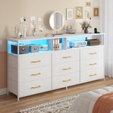 EnHomee 55” W Dresser, White Dresser for Bedroom with Power Outlet & LED Lights for 65" TV Stand for Bedroom Dresser with 9 Fabric Drawers, Sturdy Dressers for Bedroom, Closet, Entryway EnHomee