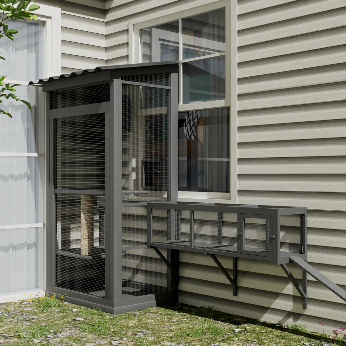 QUYZE 59" Wooden Cat Window with Extendable Design Connecting Inside and Outside Catio Outdoor Cat Enclosure for Sunbathing, Napping & Overlooking (Grey) QUYZE