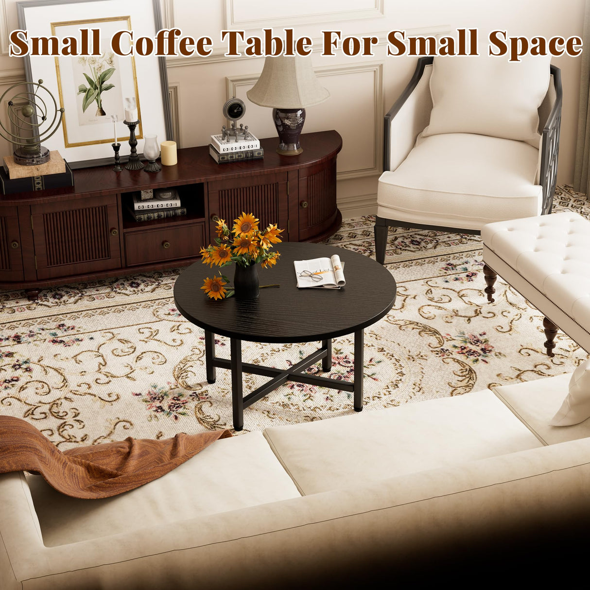 FURMORENE Coffee Table, 23.6" Small Coffee Tables, Black Round Coffee Tables for Living Room, Floor Table for Sitting on The Floor, Center Coffee Table with Metal Frame for Office Apartment Home FURMORENE