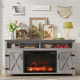 Furmax Farmhouse Fireplace TV Stand for TVs Up to 65 Inch Highboy Entertainment Center with Open Storage and Side Cabinets Rustic Media Console Table with Barn Doors for Living Room (Grey Wash) Furmax