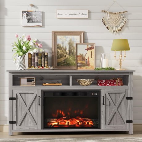 Furmax Farmhouse Fireplace TV Stand for TVs Up to 65 Inch Highboy Entertainment Center with Open Storage and Side Cabinets Rustic Media Console Table with Barn Doors for Living Room (Grey Wash) Furmax