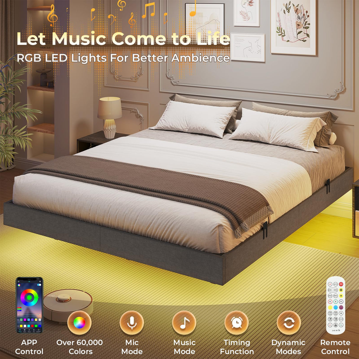 ADORNEVE Full Size Floating Bed Frame with LED Lighting, Linen Upholstered Platform and Underbed Storage, Heavy-Duty Steel Support ADORNEVE