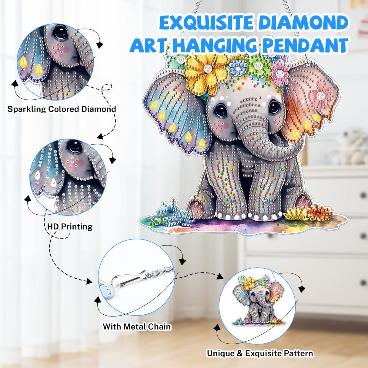 Bowetile Elephant Diamond Art Hanging Kits for Adults Kids, 5D Special Shape Diamond Painting Pendant Kits, Animal Gem Art Suncatchers Painting Ornament for Home Garden Wall Decor Bowetile