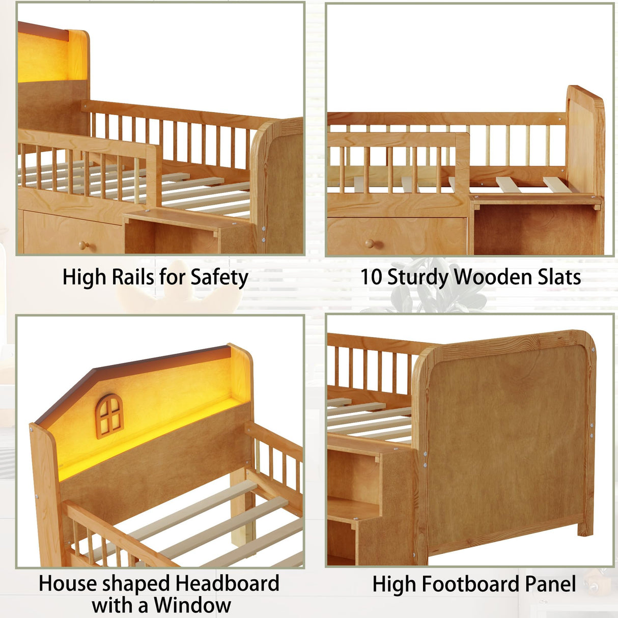 Kids Loft Bed with LED Lights,Wooden Low Loft Bed Twin with House Shape Headboard, 4 Storage Drawers and Stairs for Girls Boys,No Box Spring Needed, Natural Mirightone