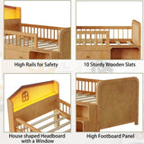 Kids Loft Bed with LED Lights,Wooden Low Loft Bed Twin with House Shape Headboard, 4 Storage Drawers and Stairs for Girls Boys,No Box Spring Needed, Natural Mirightone