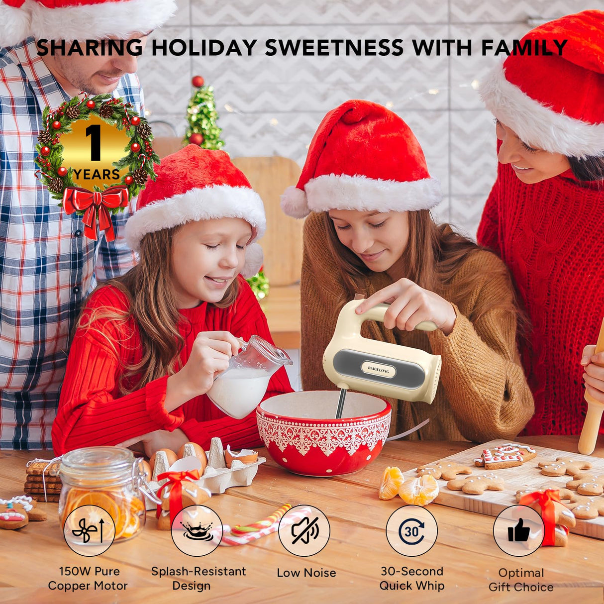 Hand Mixer Electric, 5-Speed Small Handheld Mixer, 2* (304 Dough Hooks & 304 Whisks) Food Mixer, Kitchen Mixer for Baking, Cream, Cookies, Dishwasher Safe BAIGELONG