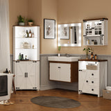 FREDEES Antique White Tall Corner Cabinet with LED Light - Rustic Farmhouse Storage Solution FREDEES