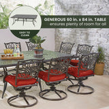 Hanover Traditions 11-Piece Modern Outdoor Dining Set with Rust Resistant Cast Aluminum Rectangular Large Dining Table and 10 Swivel Rocker Chairs with Plush Weather Resistant Red Cushions Hanover