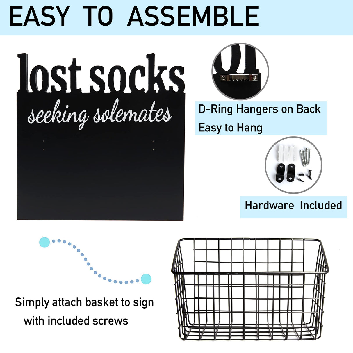 EVA murmure Cutout Letters Lost Socks - Laundry Room Organization, Farmhouse Laundry Room Decor and Accessories - House Decor Rustic Wooden Laundry Sign Wall Decor with Attached Basket - Black EVA murmure