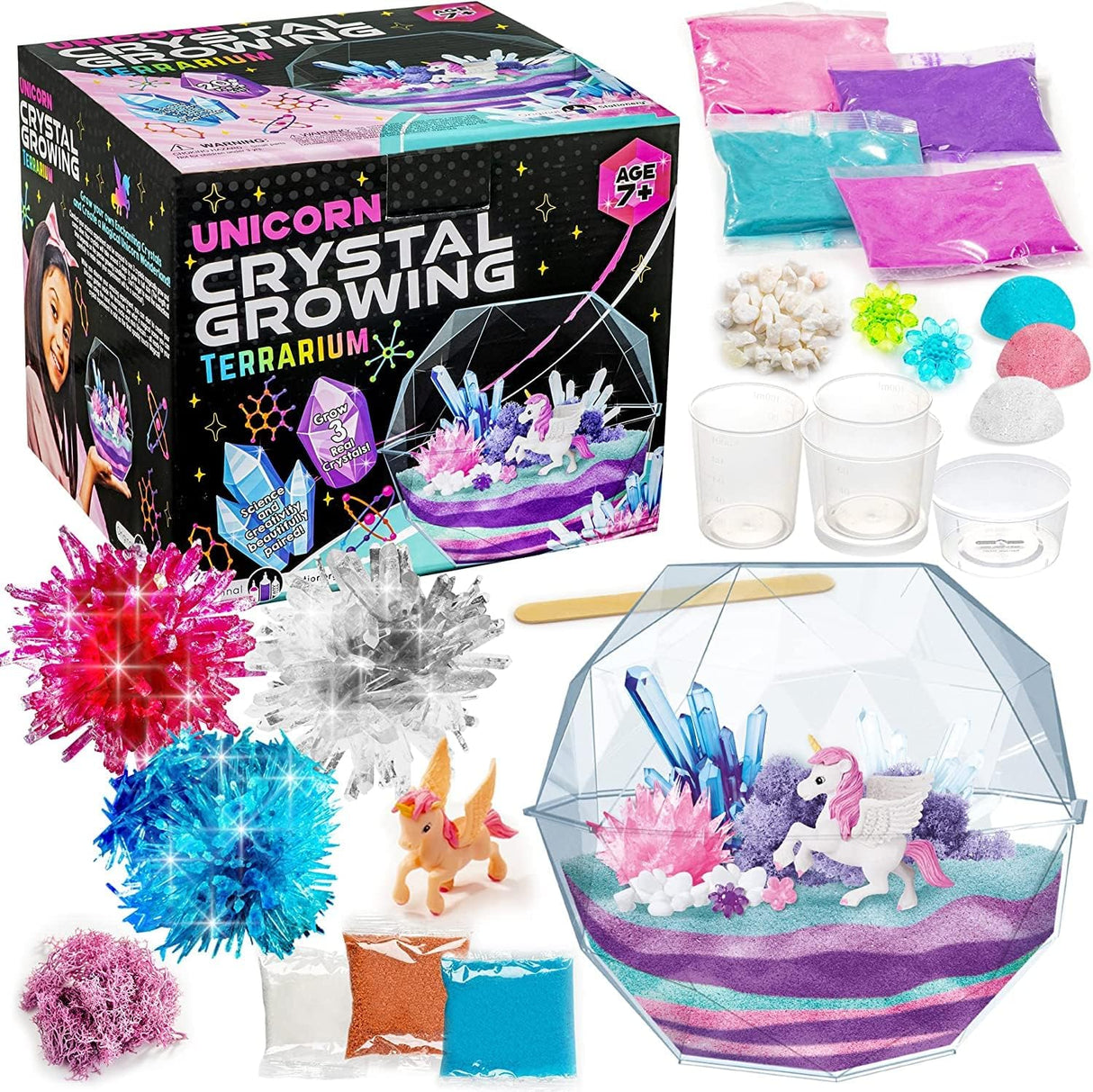 Original Stationery 18-Pieces Unicorn Crystal Growing Kit for Kids 7 and Up, Easy-to-Follow Manual, Grow 3 Crystals and Make a Scene with Unicorn Craft Original Stationery