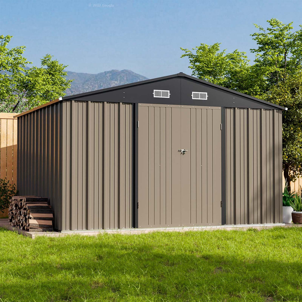 Patiowell 10 x 8 FT Outdoor Storage Shed, Large Garden Tool Metal Shed with Sloping Roof and Double Lockable Door, Outdoor Shed for Backyard Garden Patio Lawn, Brown Patiowell