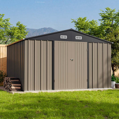 Patiowell 10 x 8 FT Outdoor Storage Shed, Large Garden Tool Metal Shed with Sloping Roof and Double Lockable Door, Outdoor Shed for Backyard Garden Patio Lawn, Brown Patiowell