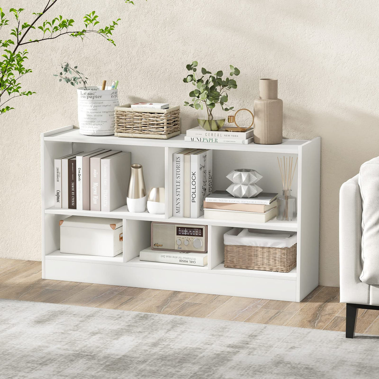 IFANNY 5 Cube Bookcase, 2 Tier Bookshelf Organizer w/Open Compartments, Horizontal Wood Bookshelves & Bookcases with Storage, Modern Book Shelf for Bedroom, Living Room, Play Room (White) WoodArtSupply