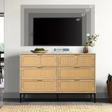 Rattan 6 Drawer Dresser Boho Dresser Chest of Drawers Farmhouse Oak 6 Double Drawer Dresser Cabinet with Wide Drawers Metal Legs Mid Century Modern Storage Dressers Chest for Bedroom, Living Room Furtivusia