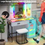 HENBC Vanity with Mirror and LED Lights, Glass Top Vanity Desk with Charging Station(Wireless+USB+Type-C), RGB Makeup Table Set with Stool/Makeup Organizer/6 Drawers (White) HNEBC