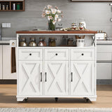 Ball & Cast Farmhouse Kitchen Island with Drape of Beads & Power Outlet, Rolling Kitchen Cart on 5 Wheels, 3 Drawers, Internal Iron Shelf & Towel Rack, for Kitchen & Dining Room, White Ball & Cast