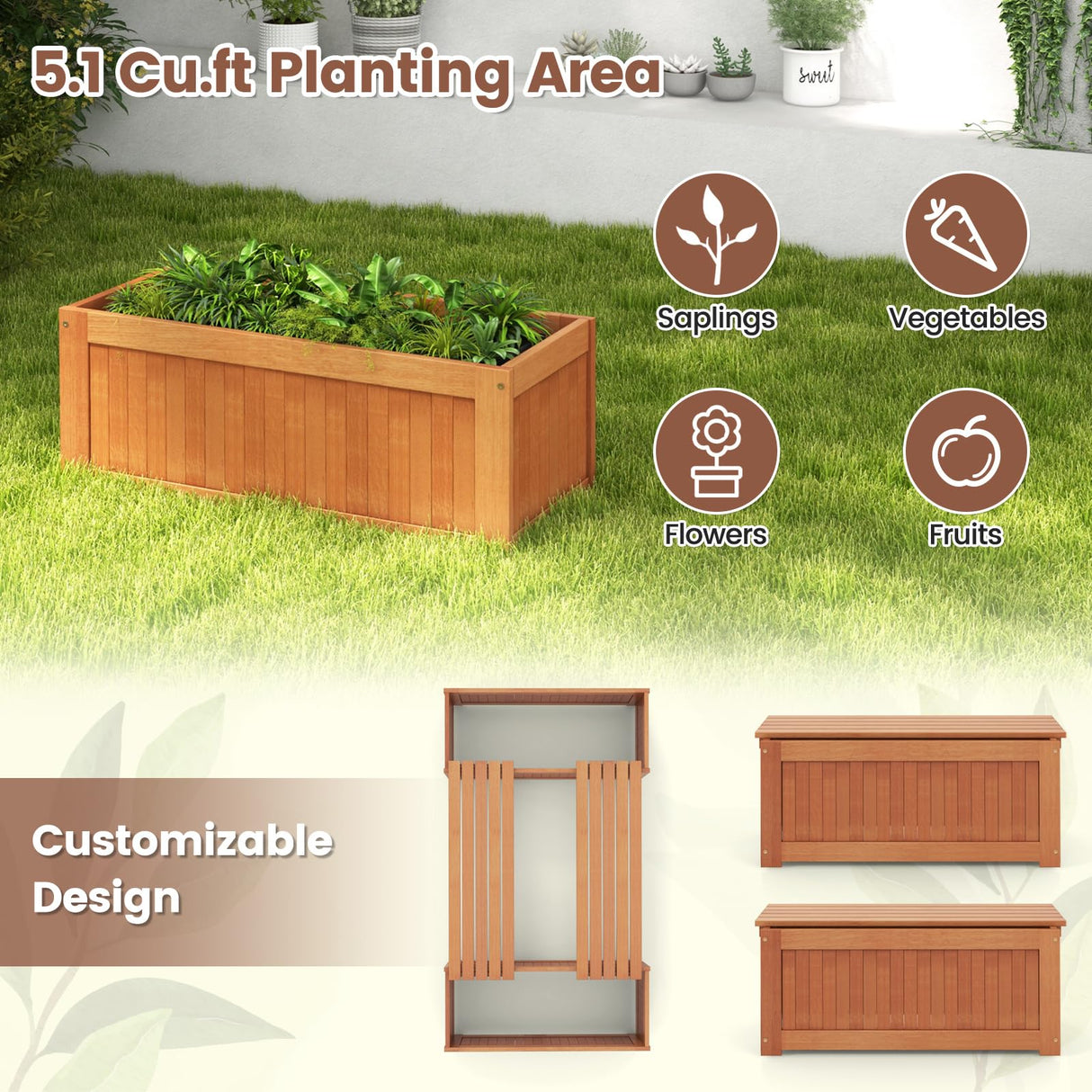 Giantex 2-in-1 Outdoor Bench, Wood Raised Garden Bed with Open Base, Teak Oil Finish, Rectangular Deep Planter Boxes for Flowers Fruit Vegetable, Bench Seat for Porch Yard Balcony Lawn Giantex