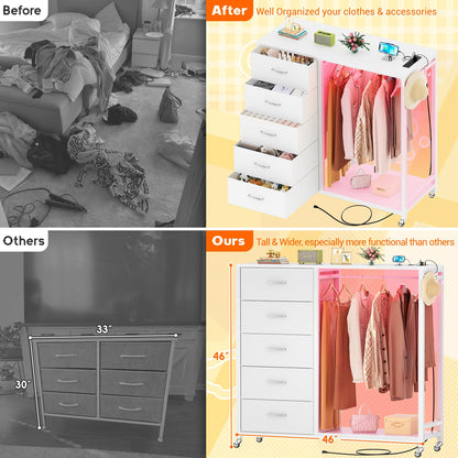 Cyclysio Dresser with Clothes Rack, 5 Drawers Dresser with Charging Station & LED Lights, White Storage Unit, Closet