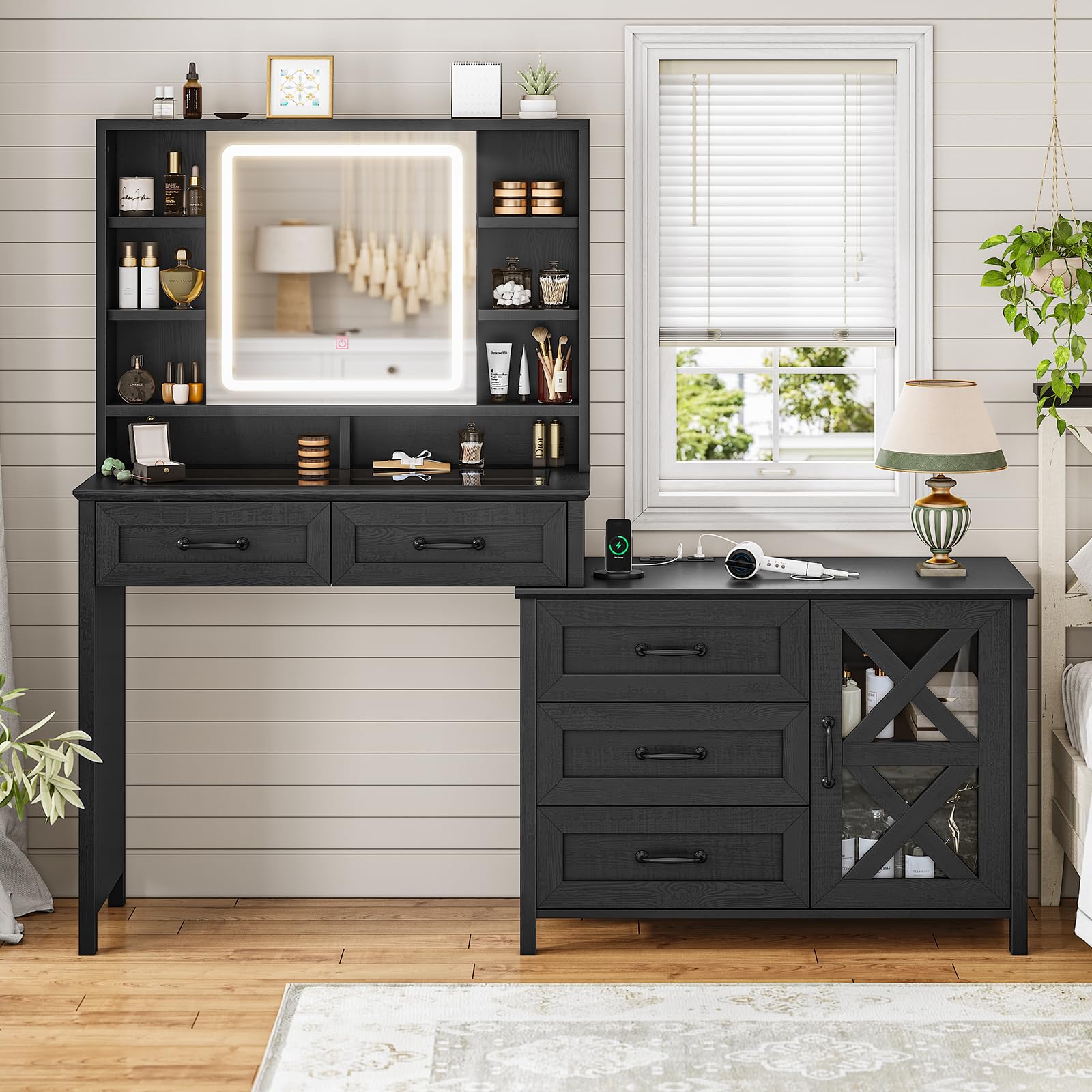 BTHFST Farmhouse Vanity with Glass Top, Vanity Desk with Mirror and Lights, Makeup Vanity with Charging Station, Vanity Table with 5 Drawers & Shelves & Cabinet, Wood-Grain Black - WoodArtSupply