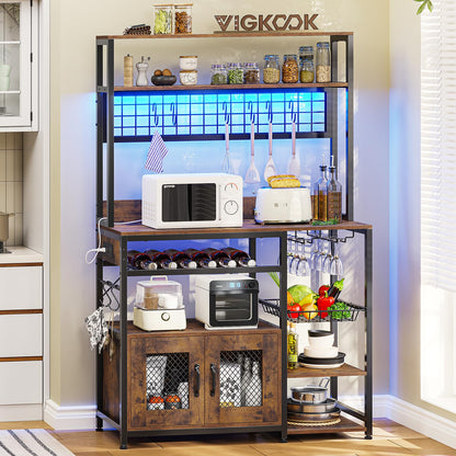 VIGKOOK Rustic Brown Kitchen Bakers Rack with Power Outlet, LED Lights, and Ample Storage Solutions - WoodArtSupply