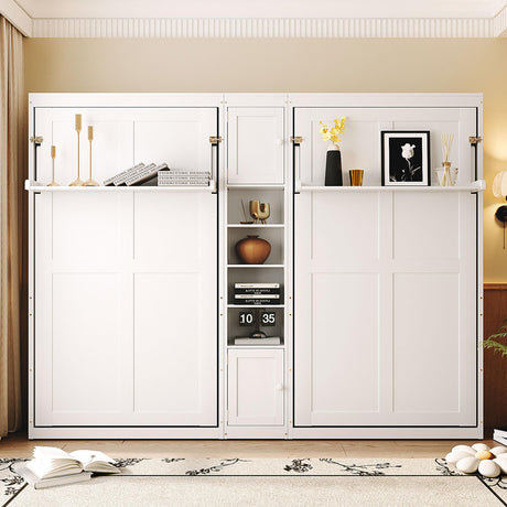 Merax Dual Twin Size Murphy Bed, Twin Wall Beds with Cabinets and Shelves, White Merax